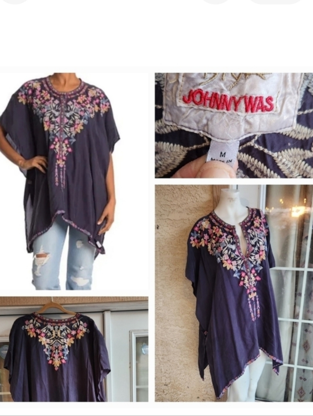 Johnny Was Purple Embroidered Boho Tunic with Pink Floral Accents